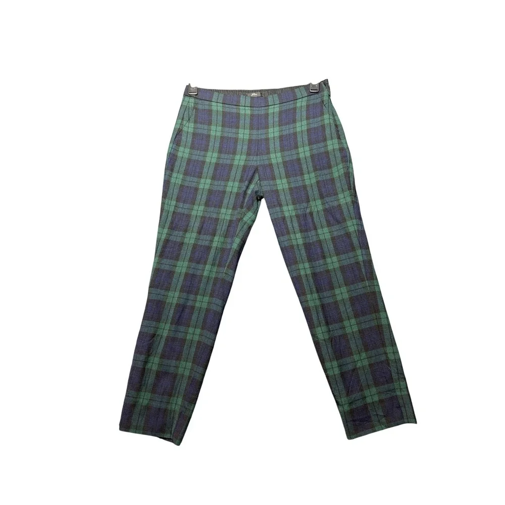 J.Crew Plaid Trousers Women 6P Green Excellent Black‎ Watch Tartan Side Zip